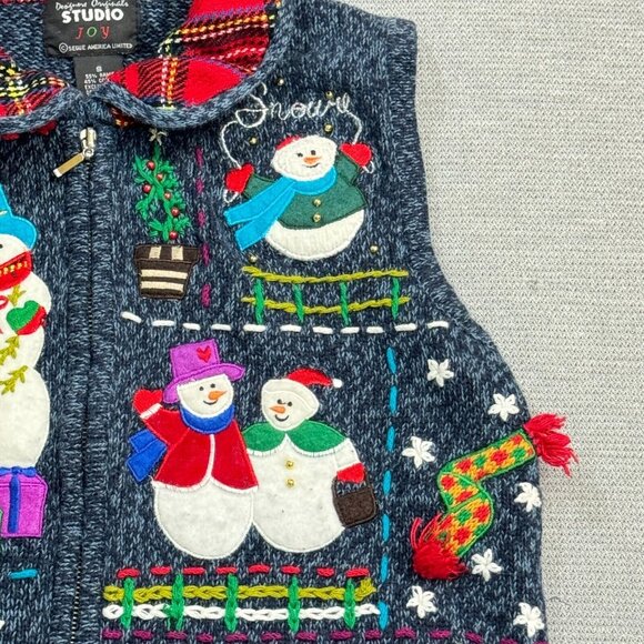 Designers Originals Womens Blue Embroidered Christmas Snowman Sweater Vest Small - Picture 10 of 16